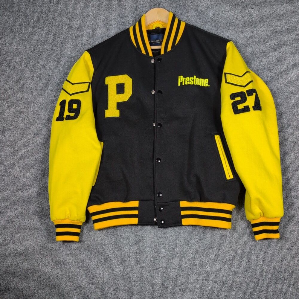 M2M Bespoke Prestone Black/Yellow Wool Varsity Jacket Embroidered Logo Mens L